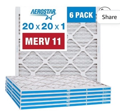 Aerostar 20x20x1 MERV 11 MERV 11 Pleated Air Filter, AC Furnace AirFilter, 6 Pack (Actual Size: 19 3/4"x 19 3/4" x 3/4"), New, Retail - $45