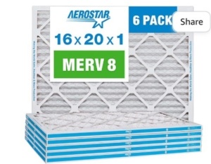 Aerostar, 16x20x1, MERV 8, Pleated Air Filter, AC Furnace, 6PK, Like New, retail - $37.81