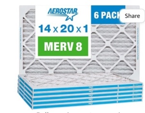 Aerostar 14x20x1 MERV 8 Pleated Air Filter, AC Furnace AirFilter, 6 Pack (Actual Size: 13 3/4"x 19 3/4" x 3/4"), Like New, Retail - $36.51