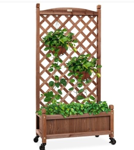 Best Choice Products 60in Mobile Wood Planter Box & DiamondLattice Trellis, w/ Drainage Holes, Optional Wheels - Walnut, Like New, retail - $109.99