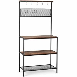 4-Tier Kitchen Rack Stand with Hooks and Mesh Panel