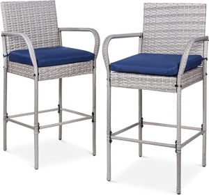 Best Choice Products Set of 2 Wicker Bar Stools. IndoorOutdoor Bar Height Chairs w/Cushion, Footrests, Armrestsfor Backyard, Patio, Pool, Garden, Deck - Gray, Like New, Retail - $189.99