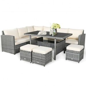 7-Piece Rattan Patio Sectional Sofa Set with Wicker Ottoman and White Cushions