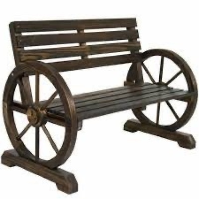 2-Person Rustic Wooden Wagon Wheel Bench w/ Slatted Seat and Backrest