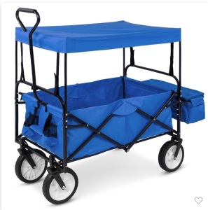 Best Choice Products Folding Utility Cargo Wagon Cart w/Removable Canopy, Cup Holders - Blue, Like New, Retail -$99.99
