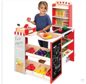 Best Choice Products Kids Pretend Play Grocery Store WoodenSupermarket Toy Set w/ Play Food, Chalkboard, Cash Register, Like New, Retail - $114.99