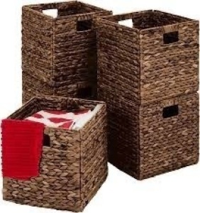 Set of 5 Collapsible Hyacinth Storage Baskets w/ Inserts - 12x12in