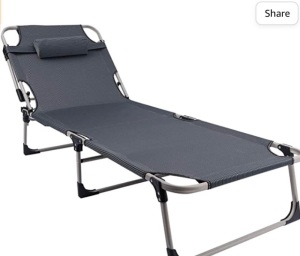 REDCAMP Folding Camping Cot for Adults, Adjustable 4. Position Reclining Folding Chaise Lounge Chair with Pillow, Portable Sleeping Cotsfor Camping Outdoor Beach Pool, Grey/Black/Navy, Like New, retail - $115.99