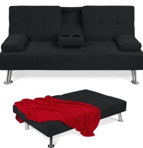 Best Choice Products Modern Linen Convertible Futon Sofa Bedw/ Removable Armrests, Metal Legs, 2 Cupholders - Black, Like New, Retail - $299
