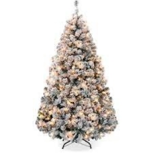 Pre-Lit Snow Flocked Artificial Pine Christmas Tree w/ Warm White Lights