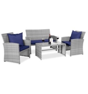 4-Piece Outdoor Wicker Conversation Patio Set w/ 4 Seats, Glass Table Top