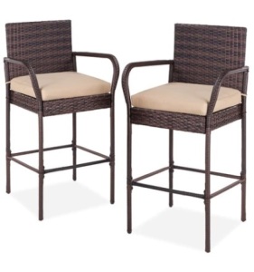 Set of 2 Indoor Outdoor Wicker Bar Stools w/ Cushion, Footrests, Armrests