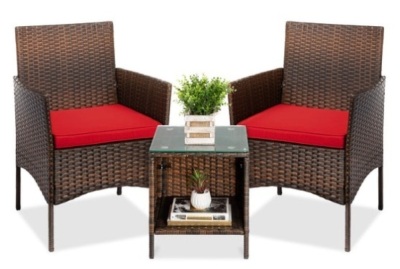 3-Piece Outdoor Patio Wicker Bistro Set w/ Side Storage Table, Brown/Red