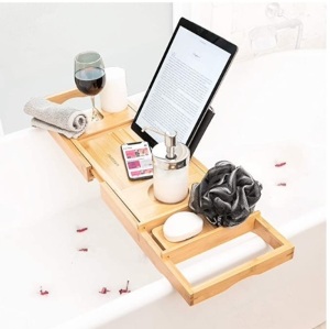 Bamboo Bathtub Tray Caddy Expandable with Wine Glass Holder and Book Stand, Appears New