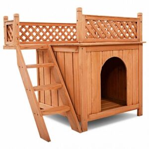 Wood Pet House with Balcony and Bed Shelter