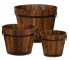 Set of 3 Rustic Wood Bucket Barrel Garden Planters Set w/ Drainage Holes