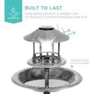 Solar Lighted Outdoor Pedestal Bird Bath w/ Planter, Decorative Bird Cage