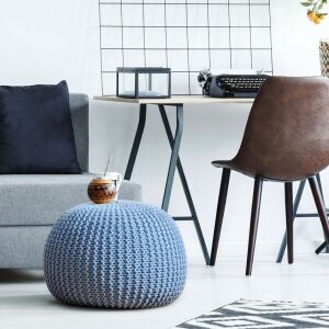 100% Cotton Hand-Knitted Pouf Ottoman - Blue 