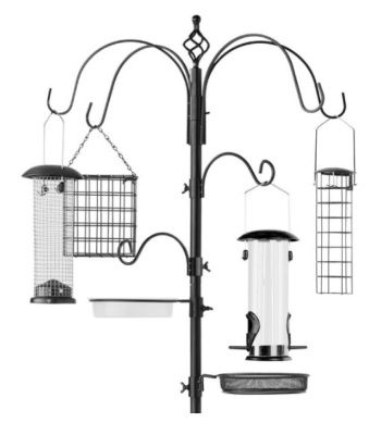 Bird Feeding Station, 6-Hook Steel Multi-Feeder Stand w/ 4 Feeders - 89in, Black