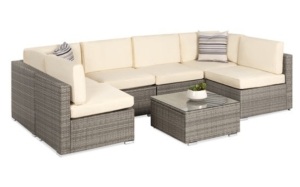 7-Piece Modular Wicker Sectional Conversation Set w/ 2 Pillows, Cover, Gray/Cream