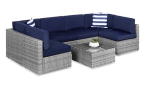 7-Piece Modular Wicker Sectional Conversation Set w/ 2 Pillows, Cover, Gray/Navy