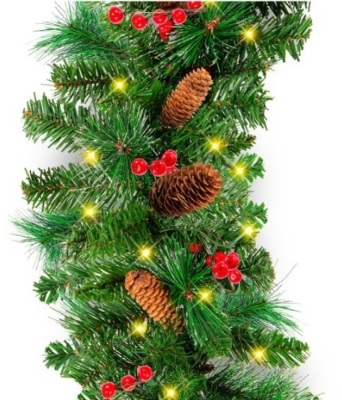 9ft Pre-Lit Christmas Garland w/ 50 Lights, Pine Cones, Berries