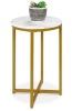 Round Coffee Side Table w/ Faux Marble Top, Metal Frame - 16in, White/Bronze Gold