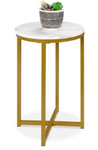 Round Coffee Side Table w/ Faux Marble Top, Metal Frame - 16in, White/Bronze Gold