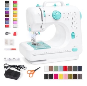 6V Portable Foot Pedal Sewing Machine w/ 12 Stitch Patterns, Teal/White