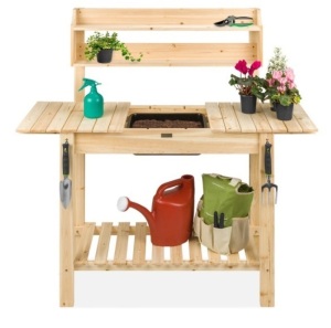 Wood Garden Potting Bench w/ Sliding Tabletop, Food Grade Dry Sink