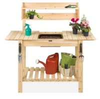 Wood Garden Potting Bench w/ Sliding Tabletop, Food Grade Dry Sink