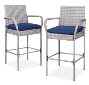 Set of 2 Indoor Outdoor Wicker Bar Stools w/ Cushion, Footrests, Armrests, Gray