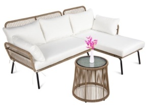 Rope Woven Sectional, L-Shape Sofa Set w/ Detachable Lounger, Table, White