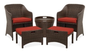 5-Piece Outdoor Wicker Bistro Set w/ Side Storage Table, No Assembly, Red