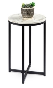 Round Coffee Side Table w/ Faux Marble Top, Metal Frame - 16in, White/Matte Black