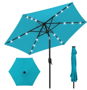 Outdoor Solar Patio Umbrella w/ Push Button Tilt, Crank Lift - 7.5ft, Blue, Like New, Retail - $59.99