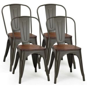 Set of 4 Tolix Style Stackable Metal Dining Side Chair with Wood Seat