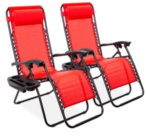 Set of 2 Adjustable Zero Gravity Patio Chair Recliners w/ Cup Holders, Crimson Red