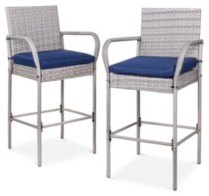 Set of 2 Indoor Outdoor Wicker Bar Stools w/ Cushion, Footrests, Armrests, Gray