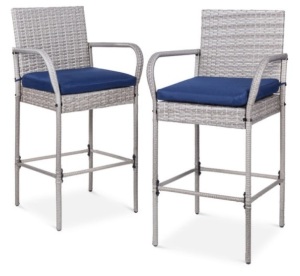 Set of 2 Indoor Outdoor Wicker Bar Stools w/ Cushion, Footrests, Armrests, Gray