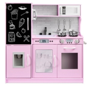 Pretend Play Kitchen Wooden Toy Set for Kids with 11 Accessories, Pink