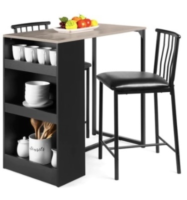 3-Piece Counter Height Kitchen Dining Table Set w/ Storage Shelves