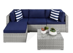 5-Piece Modular Wicker Sectional Conversation Set w/ 2 Pillows, Coffee Table