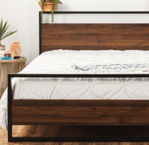 Metal Wood Platform Queen Bed Frame w/ Wooden Slats