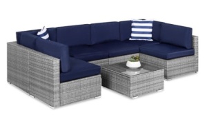 7-Piece Modular Wicker Sectional Conversation Set w/ 2 Pillows, Cover, Gray/Navy