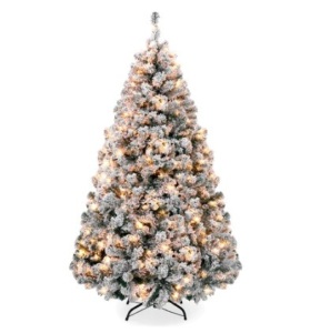 Pre-Lit Snow Flocked Artificial Pine Christmas Tree w/ Warm White Lights