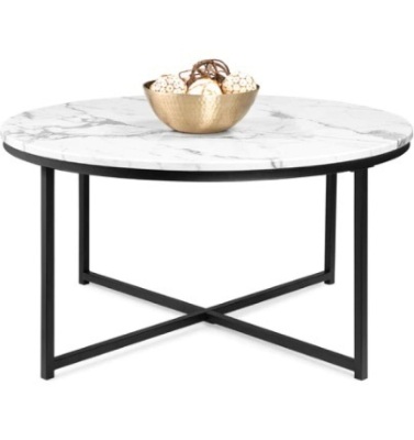 Round Coffee Table w/ Faux Marble Top, Metal Frame - 36in