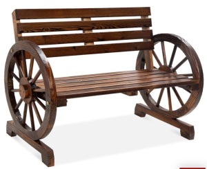 2-Person Rustic Wooden Wagon Wheel Bench w/ Slatted Seat and Backrest, Like New, Retail - $109.99