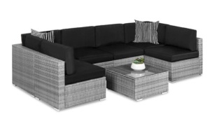 7-Piece Modular Wicker Sectional Conversation Set w/ 2 Pillows, Cover, Gray/Black