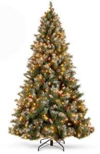 Pre-Lit Christmas Pine Tree w/ Pine Cones, Flocked Branch Tips, Berries, 7.5ft